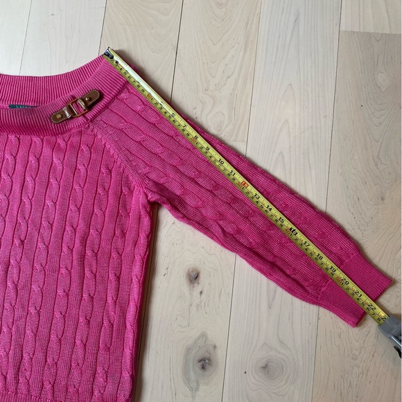 Ralph Lauren Pink Cable Knit Sweater leather buckle Boatneck Medium - Picture 7 of 8